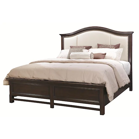 Queen Size Size Low Profile Panel Bed with Fabric Upholstered Headboard, Custom Nailhead Trim and Built-In Lamp Assist